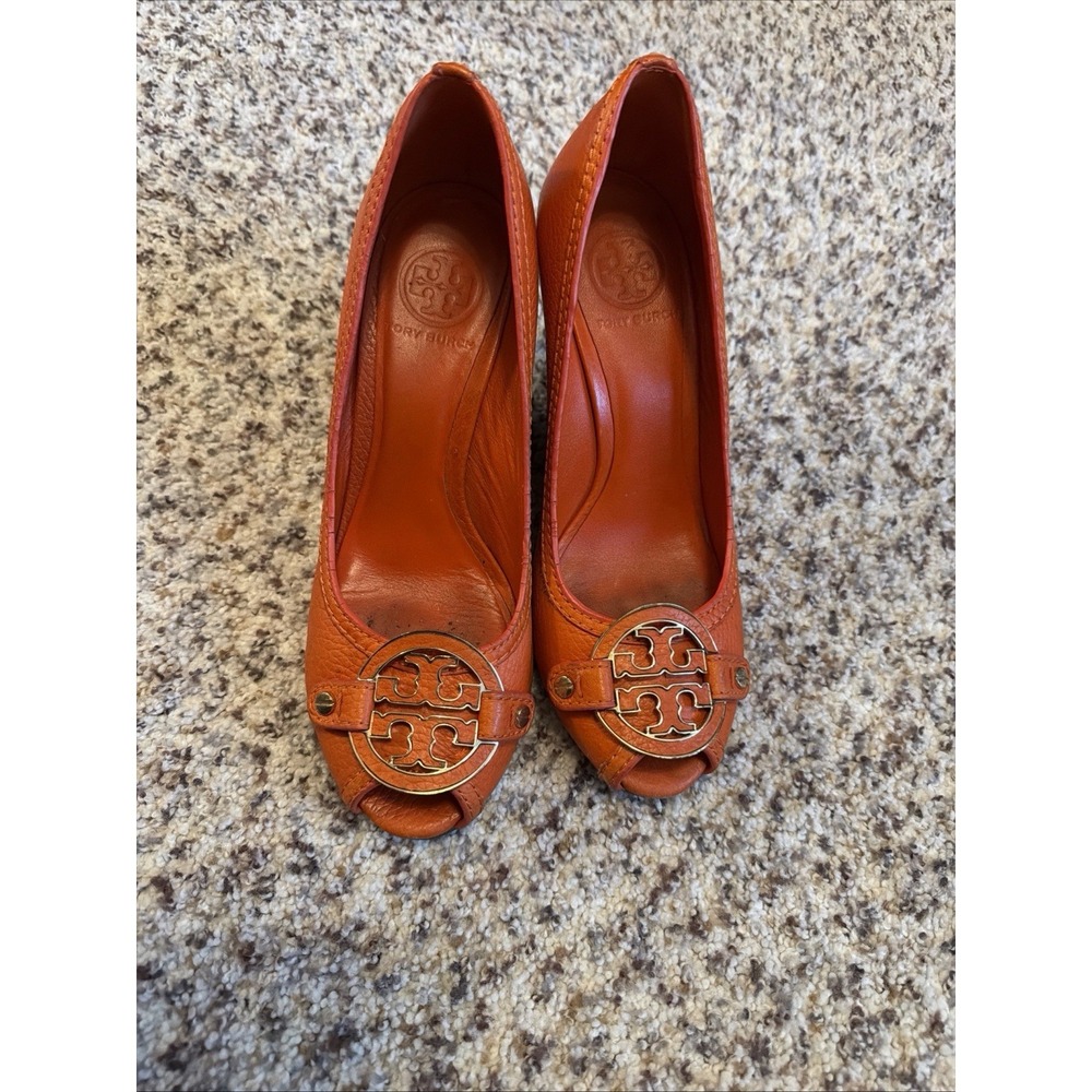 Tory Burch orange Leather 3,5" Wedge Size 7.5 Open Toes